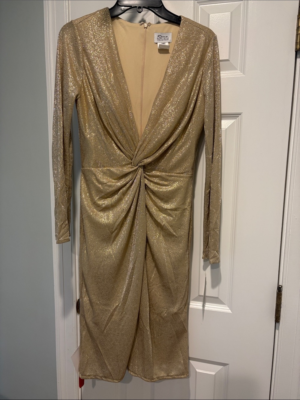 Rene Ruiz Metallic Gold Twist-Front Long Sleeve Dress